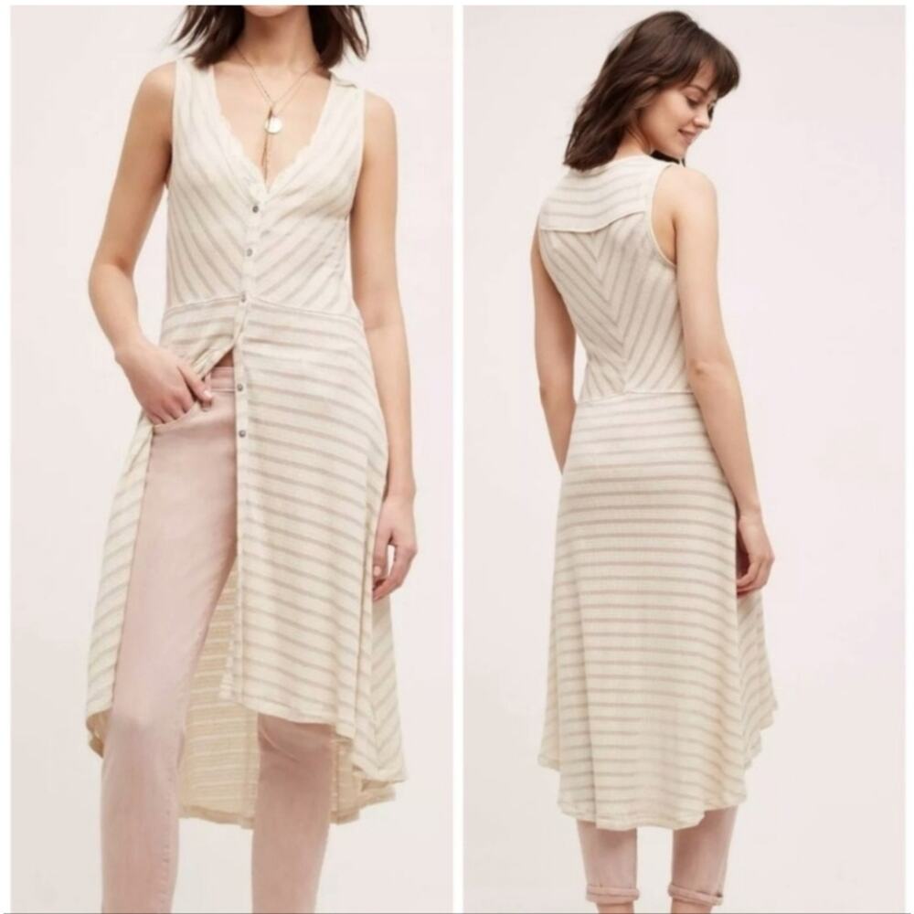 NEW Womens Anthropologie White Tan Stripe Duster Button Down Medium